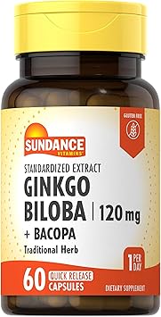 Sundance Ginkgo Biloba Capsules | 120mg | Standardized Extract with Bacopa | Gluten Free Traditional Herb Supplement