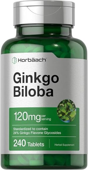 Horbäach Ginkgo Biloba Supplement | 120mg | 240 Tablets | Standardized Herbal Extract | Flavone Glycosides | Vegetarian
