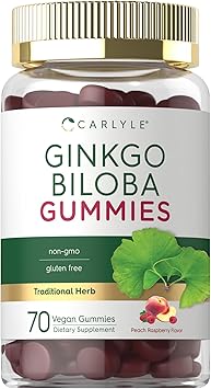 Carlyle Ginkgo Biloba 300mg | 70 Gummies | 45:1 Leaf Extract | with Peach Raspberry Flavor | Vegan