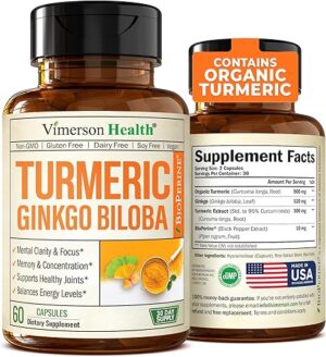 Turmeric Curcumin Supplement with Ginkgo Biloba & Black Pepper – Natural Turmeric Supplement with Organic Tumeric for Joint Support